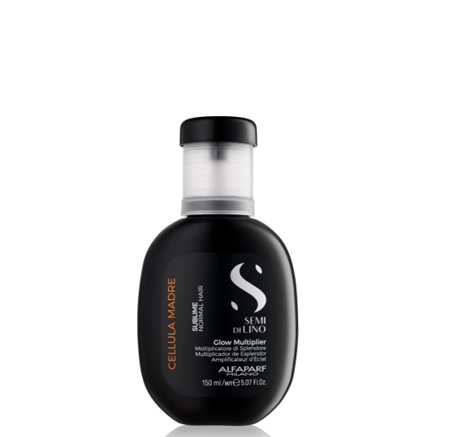 Celula Madre Glow Multiplier Sublime Semi Di Lino Alfaparf 150ml Frasco preto de produto capilar Semi Di Lino Alfaparf com texto