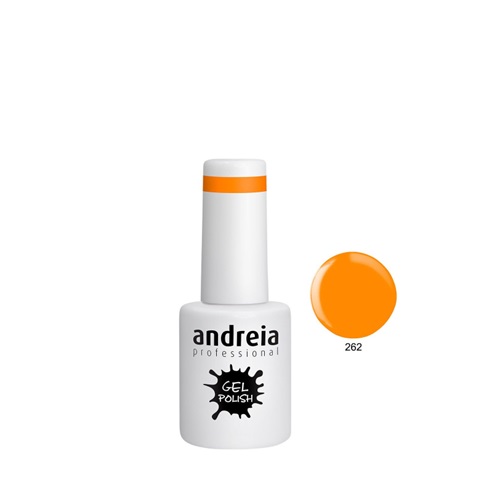 Verniz Gel Polish Andreia 10.5ml - 262 Verniz gel branco com tampa branca com faixa laranja e amostra de cor laranja número 262