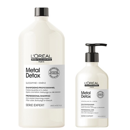 Pack Pro Metal Detox Shampoo 1500ml + Condicionador 500ml Serie Expert Loreal Dois frascos de champô L'Oréal Metal Detox branca e preta