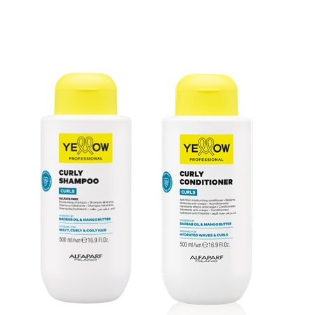 Shampoo 500ml + Condicionador 500ml Curly Curls Yellow Shampoo e condicionador Yellow Professional para cabelo encaracolado em frascos brancos com tampas amarelas