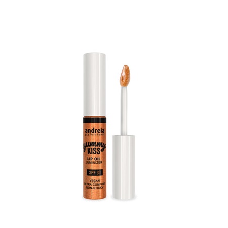 Batom Yummy Kiss Lip Oil Iluminador Para Lábios Spf30 Andreia - 02 Summer Peach Gloss labial líquido castanho dourado com aplicador e embalagem branca