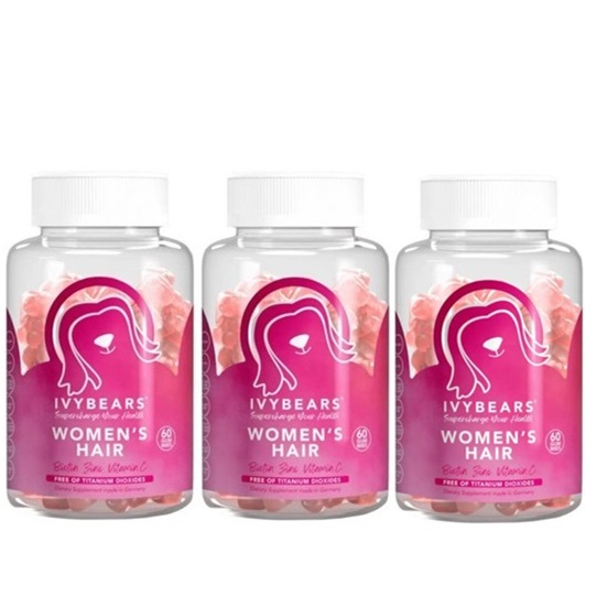 Ivybears Women Hair Vitamins - 3 x 60 Gomas Três frascos de vitaminas em gomas IVYBEARS Women's Hair com etiqueta rosa e tampa branca