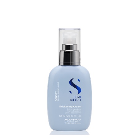 Cream Density Thickening Semi di Lino Alfaparf 125ml Frasco de creme espessante Semi Di Lino azul claro com tampa e dispensador