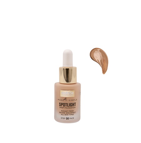 Spotlight Drop Foundation Base Líquida Andreia - 03 Neutral Gold Frasco de base líquida com conta-gotas e amostra do produto castanho