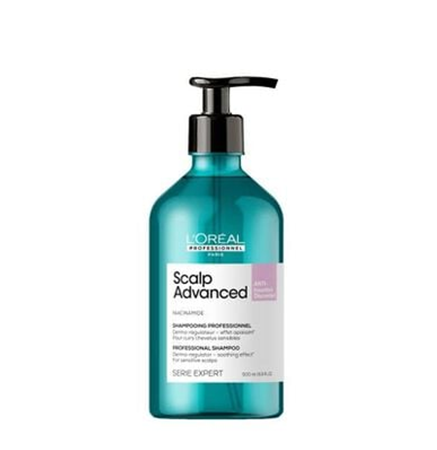 Shampoo Scalp Advanced AntiDesconforto Loreal Serie Expert 500ml Frasco de plástico azul esverdeado com doseador preto e rótulo branco