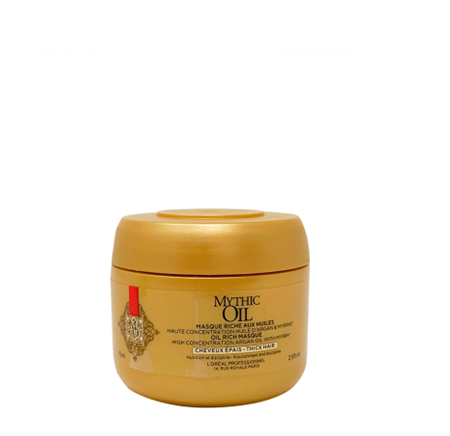 Máscara Cab. Espesso Viagem Loreal Mythic Oil 75ml Frasco dourado do produto Mythic Oil da L'Oreal.