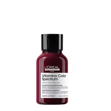 Shampoo Vitamino Color Spectrum Viagem Loreal Serie Expert 100ml Frasco pequeno de champô L'Oréal Professionnel rosa escuro com etiqueta branca