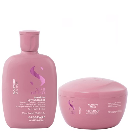 Pack Moisture Nutritive Semi di Lino Shampoo 250ml + Mascara 200ml Alfaparf Conjunto de champô e máscara nutritiva Alfaparf Professional cor rosa