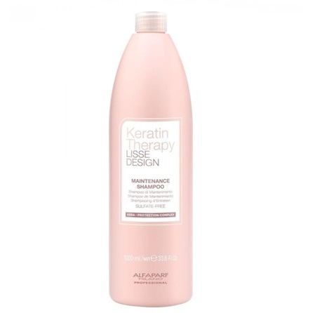 Shampoo Lisse Design Maintenance 1000ml Alfaparf Frasco rosa claro de champô Keratin Therapy com tampa branca e texto detalhado no rótulo