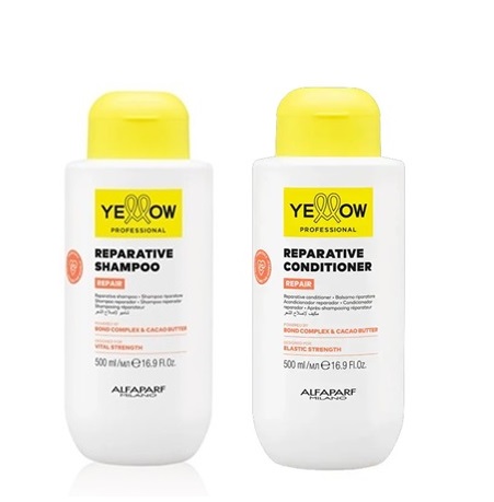 Shampoo 500ml + Condicionador 500ml Reparative Repair Yellow Duas garrafas de shampoo e condicionador reparador Yellow Professional com tampas amarelas