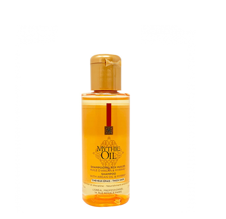Shampoo Cab. Espesso Viagem Loreal Mythic Oil 75ml frasco plástico transparente com líquido âmbar e tampa laranja