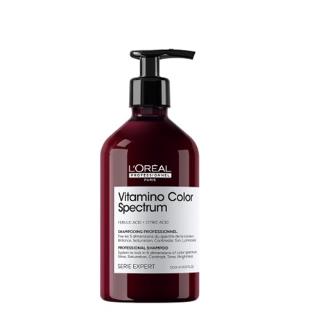 Shampoo Vitamino Color Spectrum Loreal Serie Expert 500ml Frasco de champô L'Oréal Vitamino Color Spectrum vermelho com doseador preto