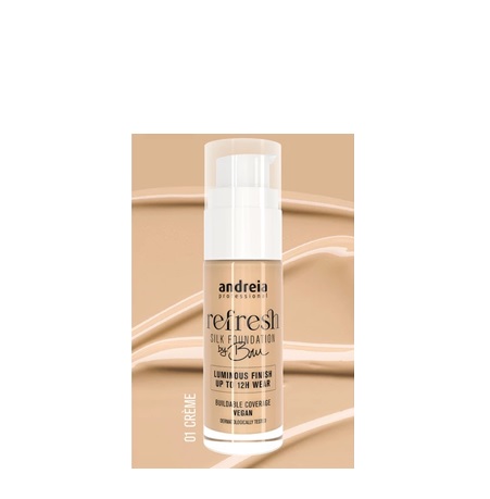 Refresh Silk Foundation By Bru Andreia 30ml - 01 Creme Frasco de base líquida Andreia Professional Refresh Silk Foundation sobre fundo bege com texturas da base