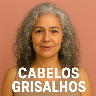 Mulher com cabelos grisalhos ondulados e camiseta castanha, fundo rosa com texto CABELOS GRISALHOS