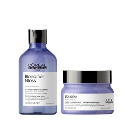 Produtos L'Oreal Blondifier Gloss shampoo e máscara em embalagens azuis