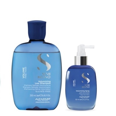 Dois produtos de cabelo Alfaparf Semi di Lino em embalagens azuis