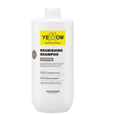 Frasco branco de shampoo Yellow Professional com rótulo amarelo e texto em preto.