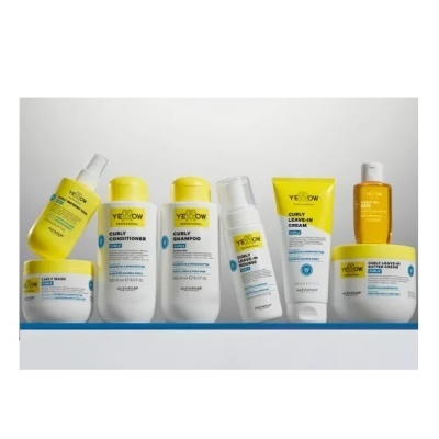 Linhas de produtos para cabelo Yellow Professional com embalagens amarelas, brancas e azuis