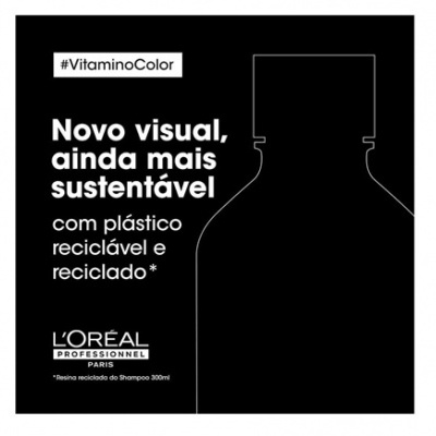 Cartaz promocional preto e branco sobre embalagem sustentável do produto L'Oréal Profissionnel.