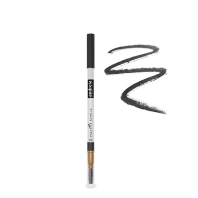 Lápis preto para olhos ou sobrancelhas com rótulo da marca Andrea e traço preto ao lado