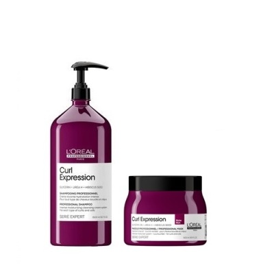 Produtos L'Oréal Curl Expression para cabelo em garrafa e pote roxos com etiquetas brancas.