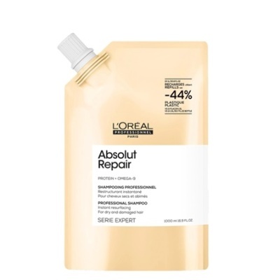 Embalagem refill de xampu L'Oréal Absolut Repair beige com texto preto