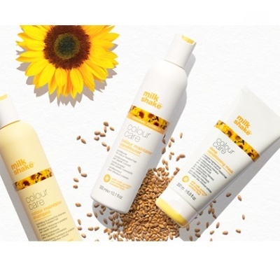Produtos milk shake colour care para cabelo com sementes e flor de girassol