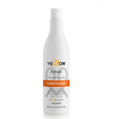Frasco branco de condicionador Yellow Repair com rótulo em laranja e texto preto