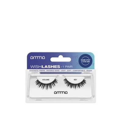 Par de pestanas falsas amma Wish-Lashes modelo 401 em embalagem transparente com fundo azul e branco