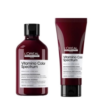 Dois produtos de cabelo L'Oréal Vitamino Color Spectrum em embalagem vinho com rótulo branco