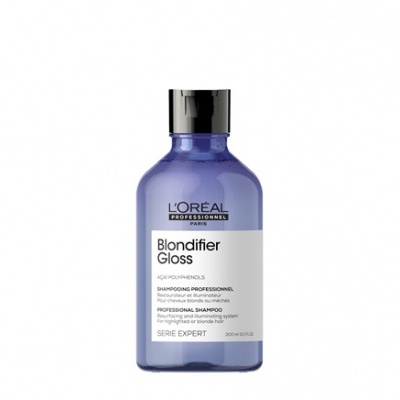 Frasco azul translúcido com tampa preta de xampu Blondifier Gloss