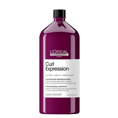 Frasco de champô LOréal Curl Expression roxo com rótulo branco