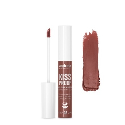 Batom líquido mate castanho Andreia Cosmetics com aplicador e amostra da cor