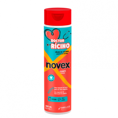 Frasco de champô Novex Doctor Rícino colorido com tampa vermelha