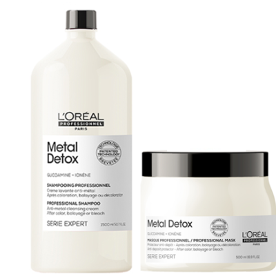 Produtos L'Oréal Professionnel Paris Metal Detox em embalagens branca e preta.