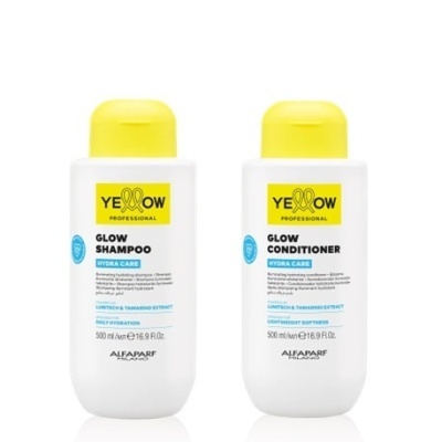 Frascos de shampoo e condicionador Yellow Professional Glow com tampa amarela