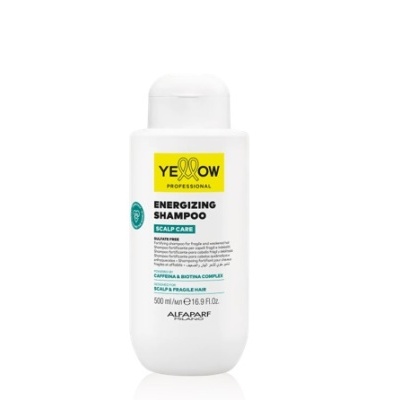 Frasco de shampoo branco da Yellow Professional com texto em preto e amarelo