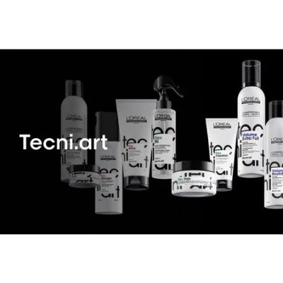 Produtos de cabelo LOréal Professionnel Tecni.art em embalagens brancas e pretas sobre fundo preto