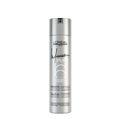 Frasco prateado spray L'Oréal Infinium Pure para cabelo