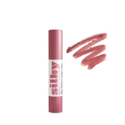 Batom em stick rosa velho com embalagem branca e rosa e traços da cor do batom