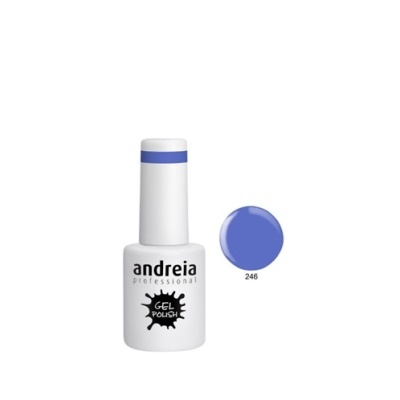 Frasco de verniz gel de unhas branco com tampa azul e amostra da cor azul número 246