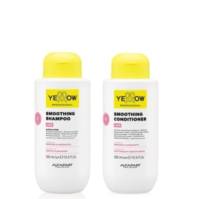 Dois frascos brancos de shampoo e condicionador Yellow Professional com tampas amarelas