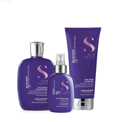 Conjunto de shampoo, spray e condicionador anti-yellow para cabelo loiro e prateado.
