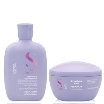 Shampoo e máscara de suavização ALFAPARF Milano SEDE DI LINO em embalagem lavanda