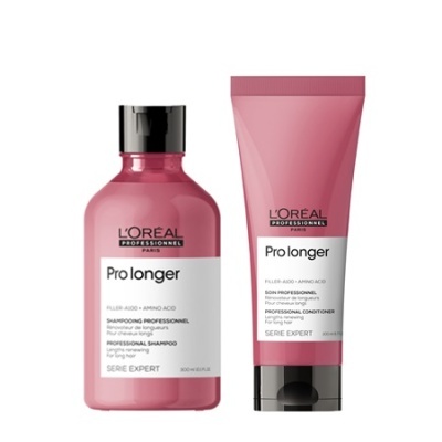 Produtos para cabelo Pro longer da L'Oréal Professionnel em embalagens rosa e preta