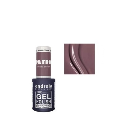 Verniz gel para unhas castanho com frasco e tampa visíveis e amostra da cor