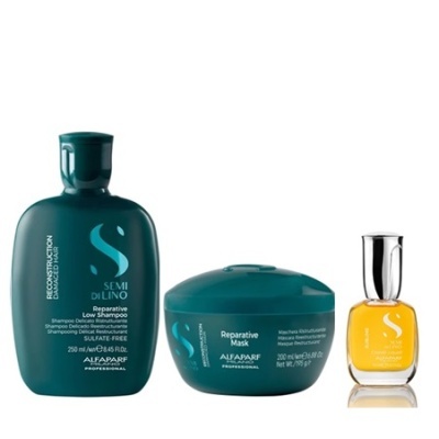 Produtos Semi Di Lino Alfaparf Professional: shampoo, máscara e óleo reparador em embalagens verdes e amarela.