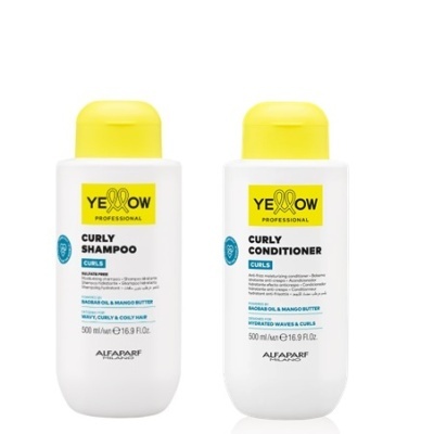 Shampoo e condicionador Yellow Professional para cabelo encaracolado em frascos brancos com tampas amarelas