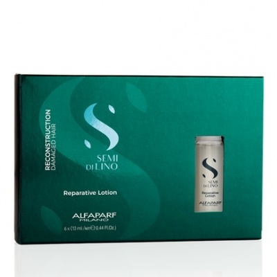 Caixa verde de loção reparadora para cabelo danificado Semi Di Lino da Alfaparf Milano com seis frascos pequenos.