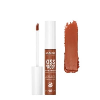 Batom líquido matte Andreia Kiss Proof cor 02 com aplicador e amostra da cor